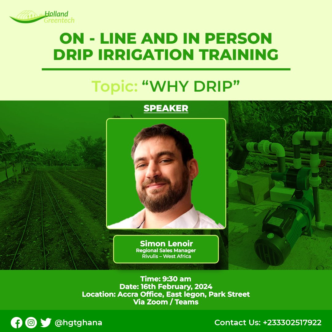Registration is still open for our Drip Irrigation training on Feb 16th, 2024! Attend in person at our East Legon office or join online via Zoom Teams. Click the link to register or call us at +233 302517922 / +233 550558317. forms.gle/A6wPME3SsyAHpD…