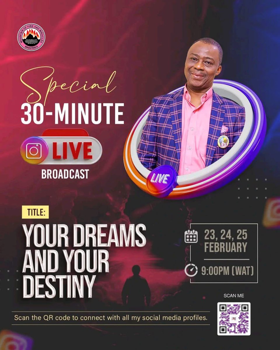 REAL_DKOLUKOYA's tweet photo. ▶️ Join me for 30 minutes daily as I answer questions and provide valuable insights on the significance of dreams. 

Seize this special chance to acquire knowledge that will influence your destiny!

🗓️ Save the date and join this exclusive live session

Tagged: “Your Dreams and Your Destiny” 3-day program on Instagram Live.
Date: February 23-25, 2024. 

Scan the QR code to follow my verified accounts for updates. 
God bless you all.

#DKO
#Danielolukoya
#DKOlukoya
#mfmworldwide
#instagramlive 
@MFMWorldwide