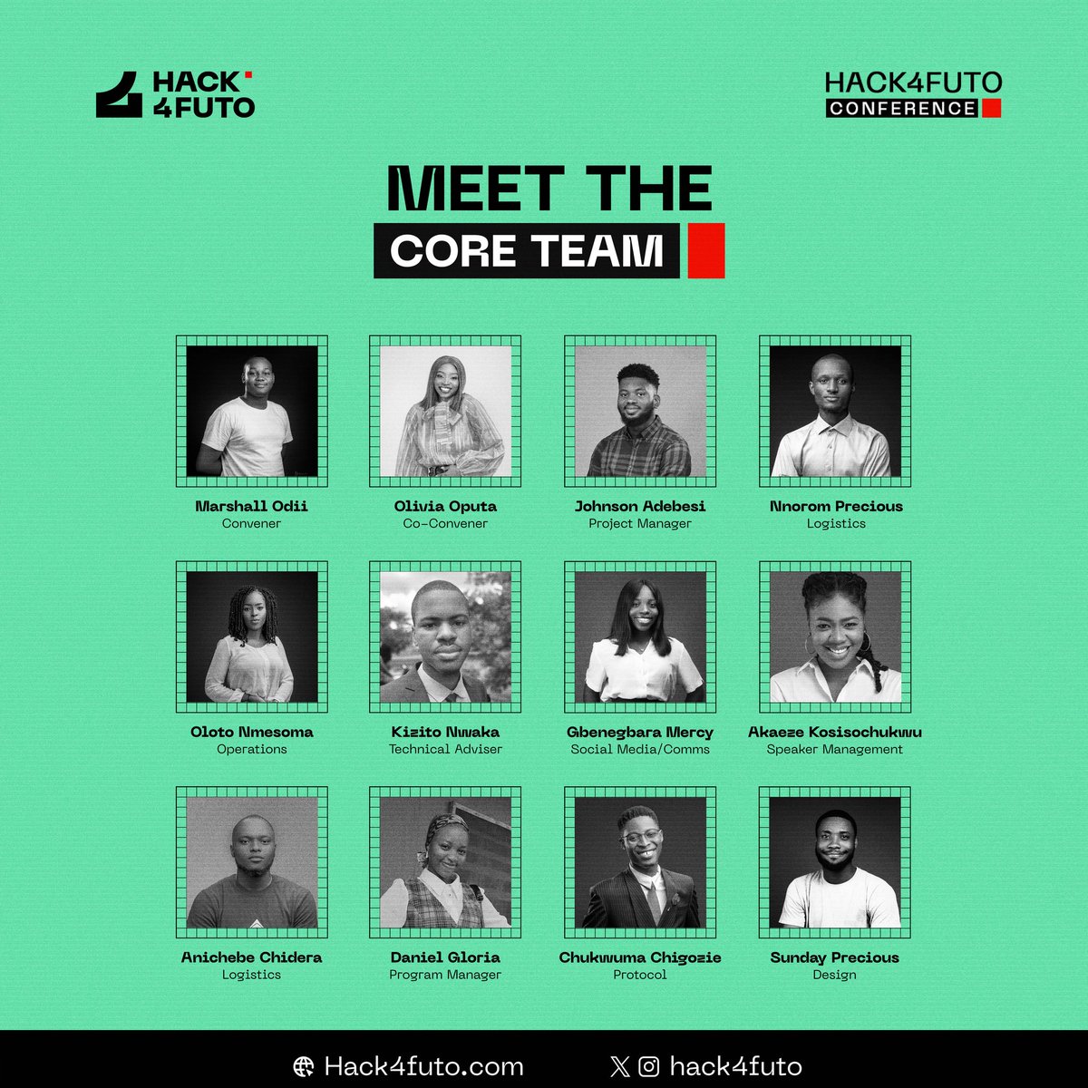 Introducing the faces behind the magic ✨ 
Meet our core team, the driving force fueling the vision and passion for Hack4FUTO.
#hackathon #hack4FUTO #H4F #techevent