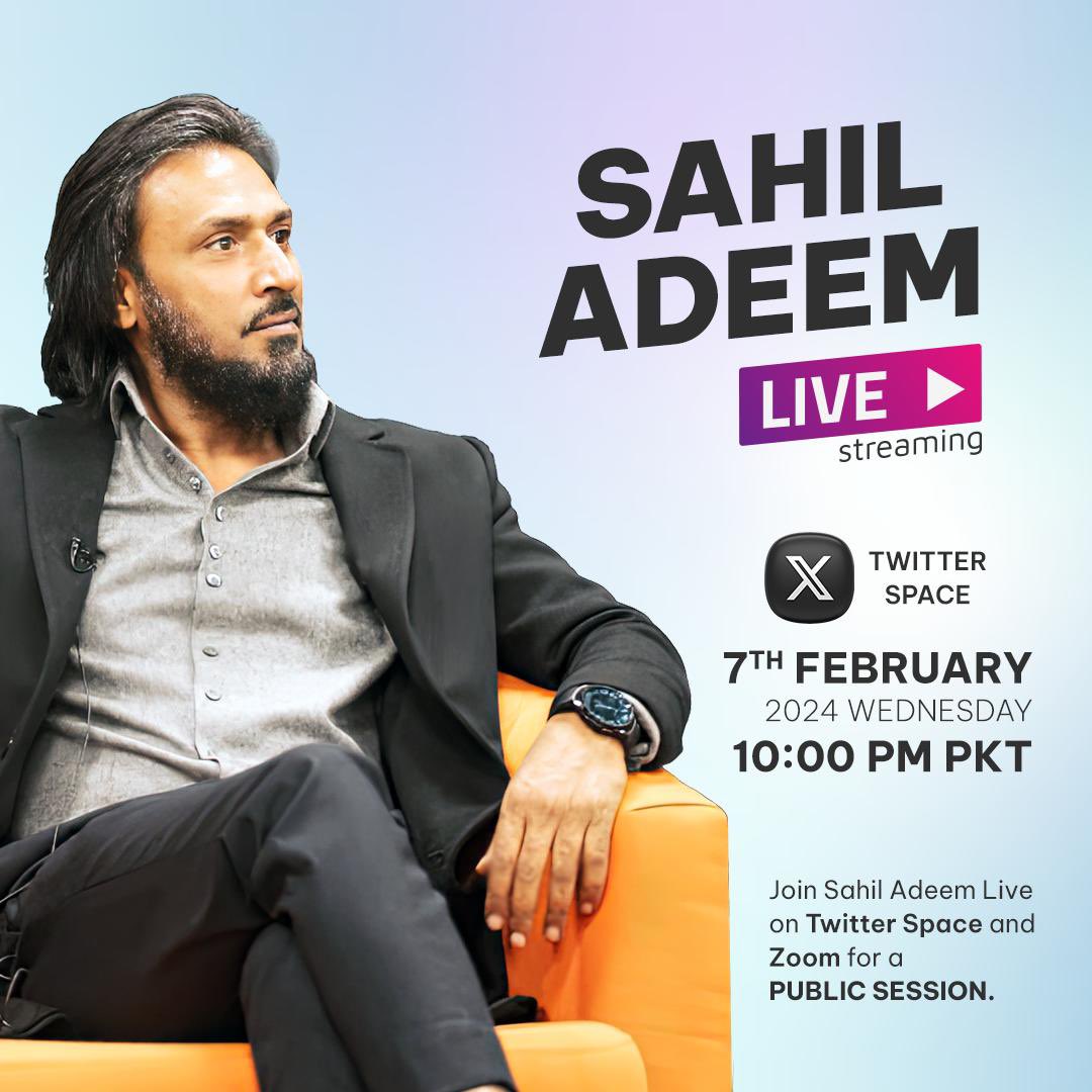 📢 Join Sahil Adeem Live on Twitter Space and Zoom on Wednesday 7th Feb, 10PM Pakistan Time. 👉twitter.com/SahilAdeem Zoom Link will be shared in IMS Official Communities before the session. #sahiladeem #theawakeningtour #sahiladeemuktour #IslamicMessagingSystem #Twitter