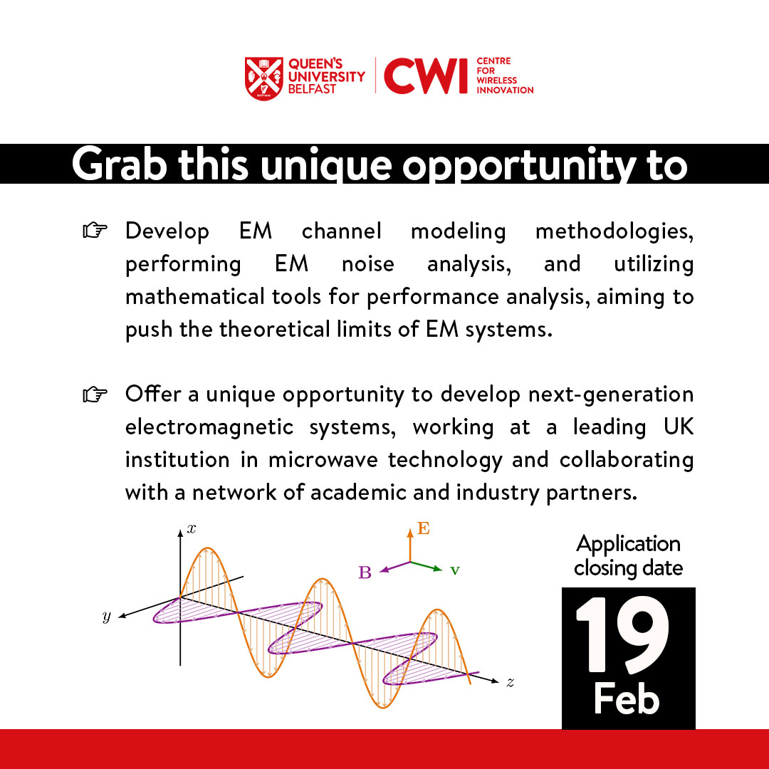 CWI_QUB's tweet photo. Join @CWI_QUB as a #ResearchFellow in Electromagnetics and Information Theory! 
Salary: £37,841/yr
Innovate EM systems, model signal transmission, &amp; collaborate UK-wide. Apply by 19 Feb '24: https://t.co/iz4JDMMnRn https://t.co/DESyj2prLC