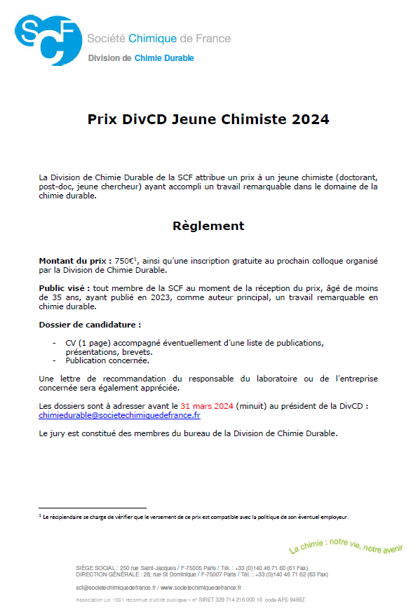 🔬 Le Prix de la Division Chimie Durable de la @reseauSCF  est de retour en 2024 !

Jeunes chercheurs en chimie, ne manquez pas cette opportunité ! 🌿🔬

📆Deadline : 31/03/2024 
🏆Prix : 750€ + inscription gratuite au prochain congrès de la division 🌱
 
infos ici 👇