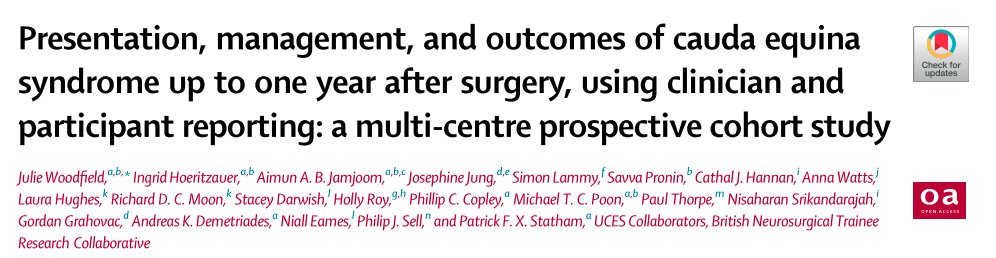 Cauda equina symptoms can be vague &amp; diagnosis not always straight forward.

We know the questions to ask but how often will pts present with which symptoms?

Heres what we know from the largest pre-operative study ever done (621 patients):

Low Back Pain (96%)
Unilateral