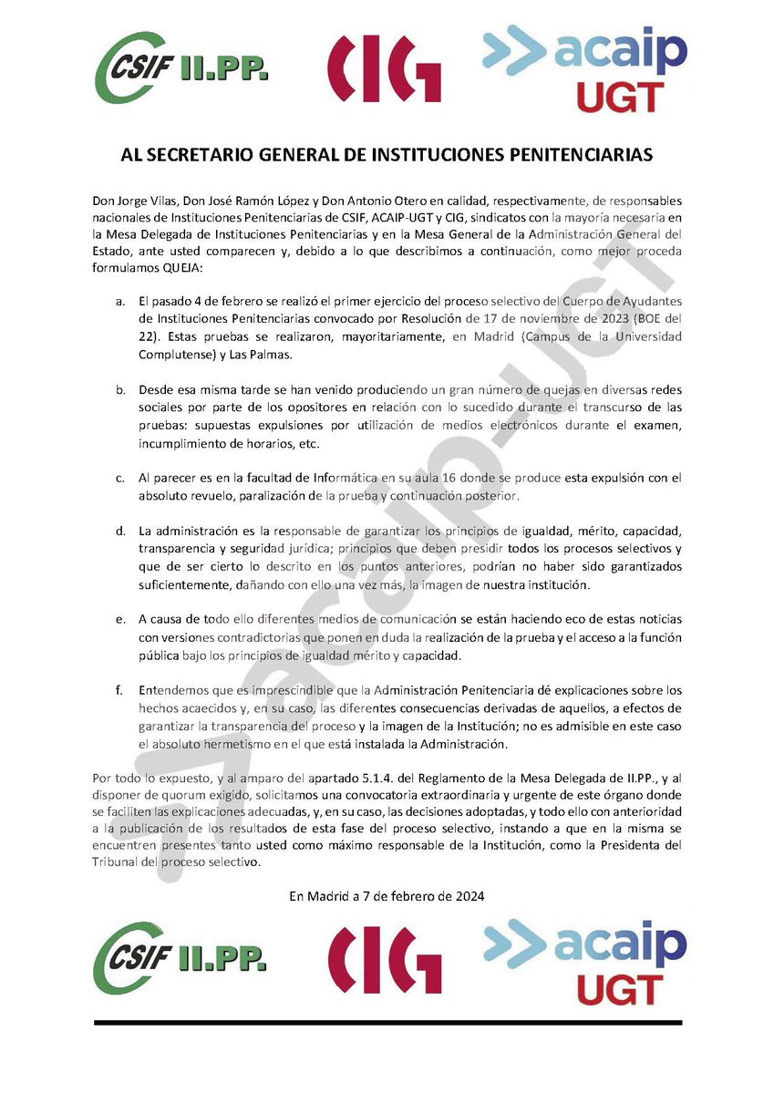 AcaipSindicato's tweet photo. SOLICITUD DE MESA DELEGADA EXTRAORDINARIA PARA EXPLICAR LO SUCEDIDO EN EL PROCESO SELECTIVO AYUDANTES OEP 2023 https://t.co/wuPWcyuUvy