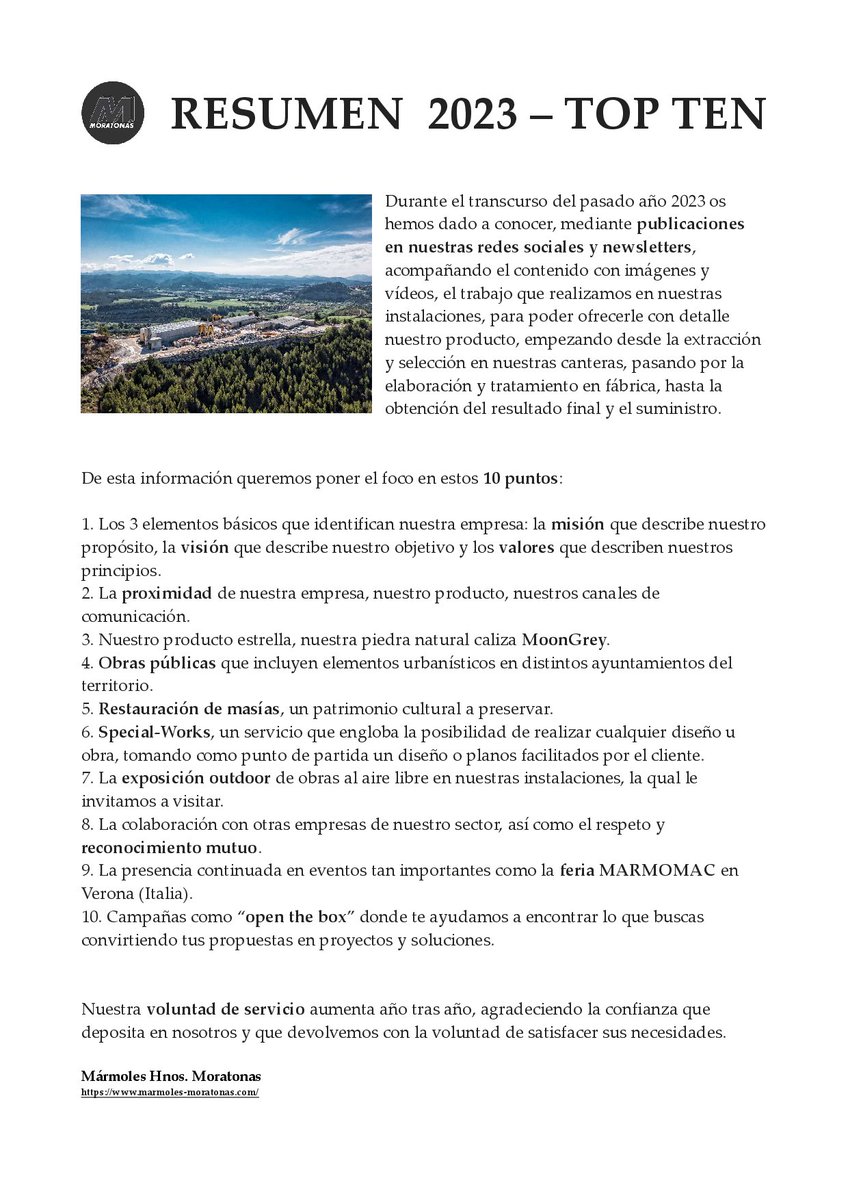 Marmoratonas's tweet photo. #topten
En el transcurso del año os hemos dado a conocer, mediante publicaciones en nuestras📌redes sociales y📰newsletters, el trabajo que realizamos en nuestras instalaciones, para ofrecerle con detalle nuestro producto.
De esta información ponemos el foco en estos🎯10 puntos: https://t.co/iP0qrx9xjf