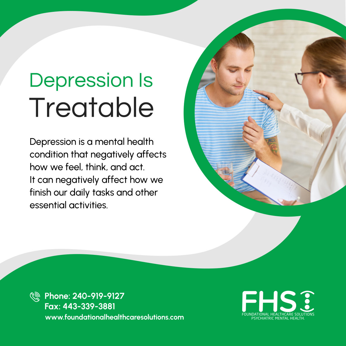 foundationalhcs's tweet image. Thankfully, depression is treatable. You can either avail of our psychiatric services and therapy sessions. Contact us so we can identify what kind of treatment works best for you. 

#MarylandUSA #DepressionTreatment #PsychotherapyServices #TherapySessions