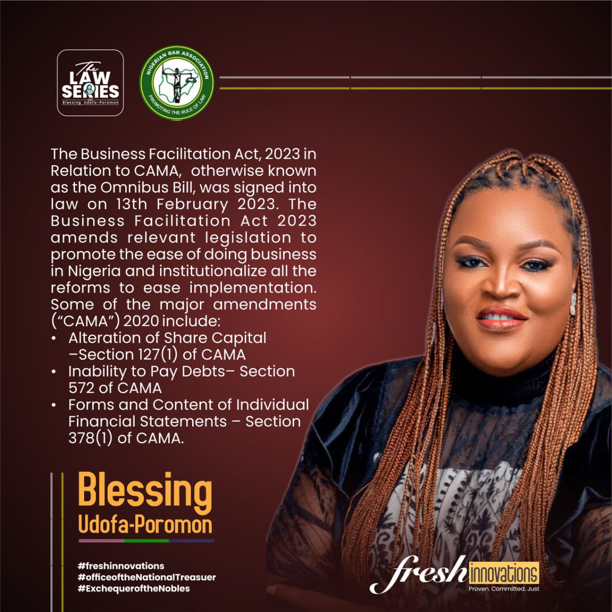 #THELAWSERIES         The Business Facilitation Act, 2023 in Relation to #CAMA,  otherwise known as the #OmnibusBill, was signed into law on 13th February 2023. 
The Business Facilitation Act 2023 amends relevant legislation to promote the ease of doing business in Nigeria.