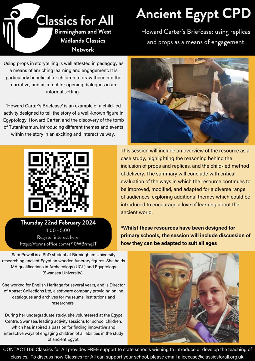 Ancient Egypt CPD 
Thursday 22nd February 2024
4:00 - 5:00

These activities could be used as inspiration for similar Greek and Roman sessions! 

Register your interest: forms.office.com/e/10WBrrnqJT

<a href="/classicsforall/">Classics for All</a> #edutwitter #ukedchat #teachers #primaryteachers #egypt #egyptology