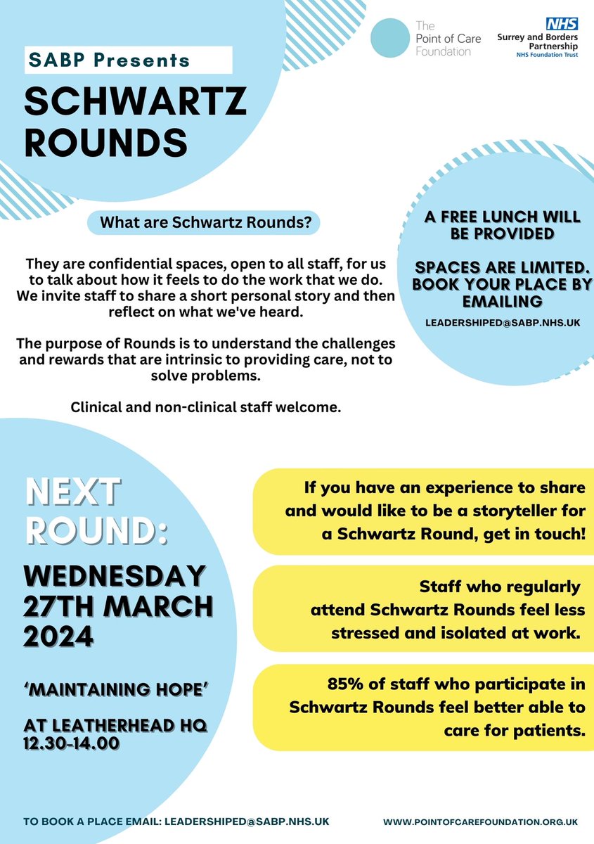 🌟Surrey and Borders Staff!🌟 Would you like to connect with colleagues? Are you looking for a safe space to discuss the work we do? Join our Schwartz Round on 27 March at Trust HQ. This is a face-to-face event, with the theme 'Maintaining Hope' Details on how to book are below: