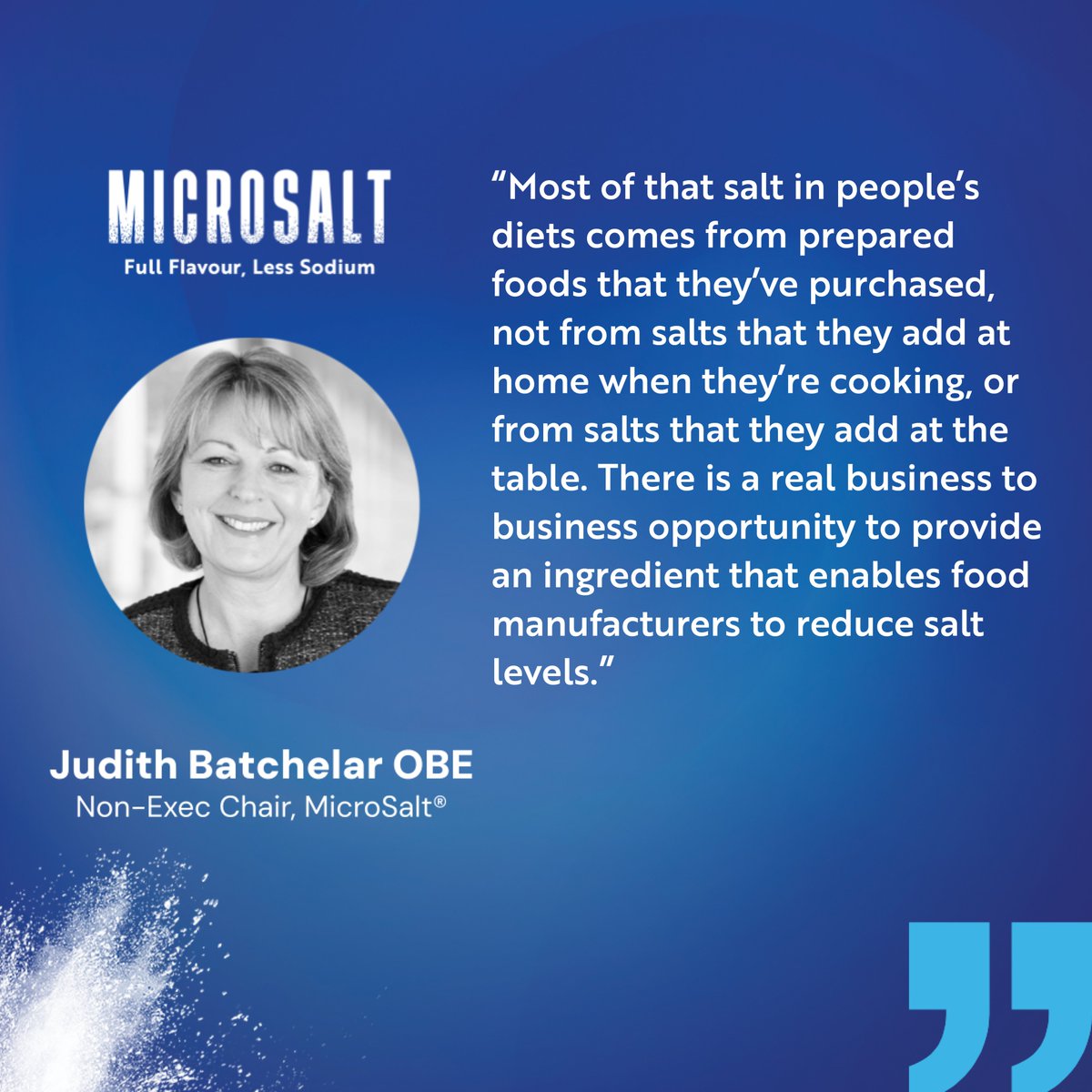 “There is a real business to business opportunity to provide an ingredient that enables food manufacturers to reduce salt levels.”

- Judith Batchelar OBE, Non-Executive Chair of MicroSalt