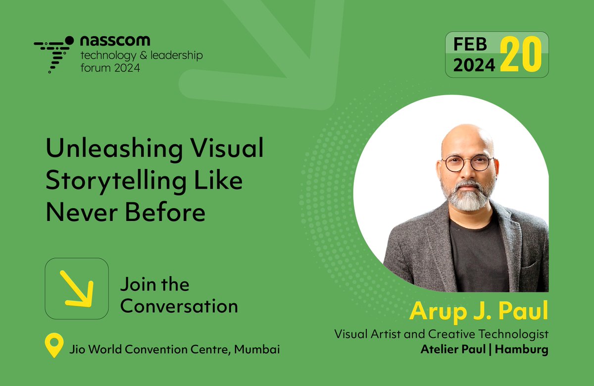 NasscomEvents's tweet photo. 🌟Unleash your creative genius at #NTLF2024! 🚀

Join Indian-born Hamburg-based Visual Artist and Creative Technologist @ArupJPaul as he takes us on a mind-blowing journey of visual storytelling.

Dive into how GenAI maximizes our creative prowess in crafting visual stories, music, and art, elevating the narrative experience to new heights.
🖌️Explore the intersection of AI and creativity
🖌️Discover how GenAI unlocks new dimensions in visual storytelling
🖌️Experience the magic of custom GenAI in art and narrative experience

Don't miss this opportunity to witness the power of AI in unleashing your creative potential. 🌐✨

📅 Feb 20, 2024
📍 Jio World Convention Centre, Mumbai

Secure your spot now! Register for #NTLF ➡️ https://t.co/c4zObVGfe3

#VisualStorytelling #GenAI #ArtificialIntelligence #NTLF2024 #RegisterToday #MumbaiEvents #CreativeExpression #NTLF #ShapingTheTechade #Mumbai #India