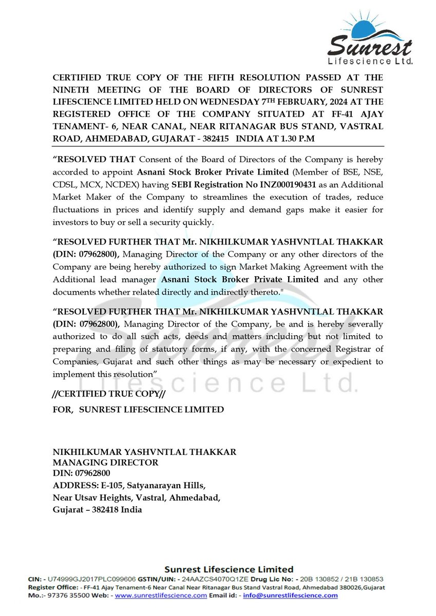 nileshkurhade's tweet photo. π SUNREST LIFESCIENCE LIMITED informed the exchange about appointing Asnani Stock Broker Private Limited as an Additional Market Maker of the Company, effective from February 7, 2024.
#SME #SUNREST π https://t.co/P96ny1o6Vf