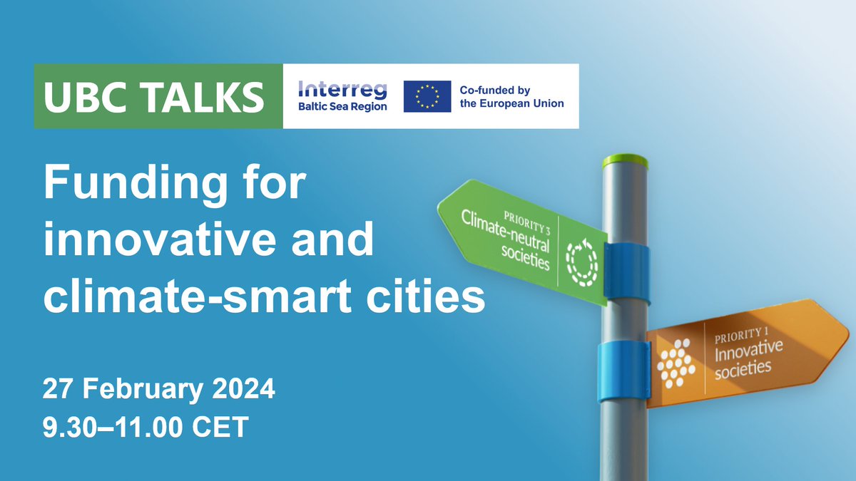 UBC_Sustainable's tweet photo. Secure funding for actions leading to innovative and climate-smart cities 💶
Join us in the #UBCTALKS webinar on 27 February at 10.30-12.00 EET, when we will exchange with @InterregBSR and learn all about their open call for funding! https://t.co/96KDQ3BnxQ https://t.co/xx9lzn4Iec