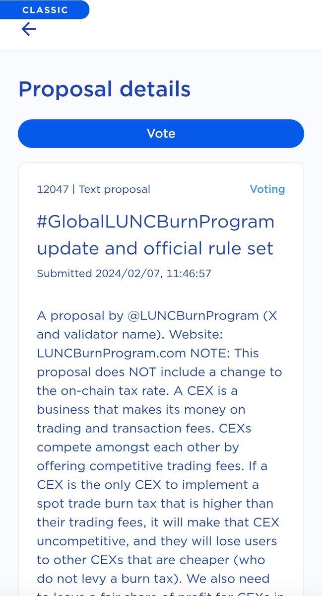 LUNCBurnProgram's tweet image. Our proposal to update the official $LUNC CEX burn partnership program is up for vote on Terra Station. 

This proposal aims to update the rules of the #GlobalLUNCBurnProgram, which will make it more attractive for CEXs to join in on the #LUNCBurn movement.

We will ask CEXs to…