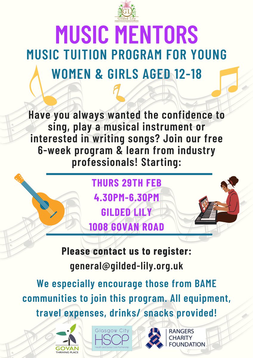 Have you heard about our new Music Mentors program? 🎶6-week music tuition program for girls aged 12-18 to learn performance skills, songwriting, confidence-building plus receive tuition lessons for an instrument of their choice! 🎹🎤 contact us for more info #music #govan #g51