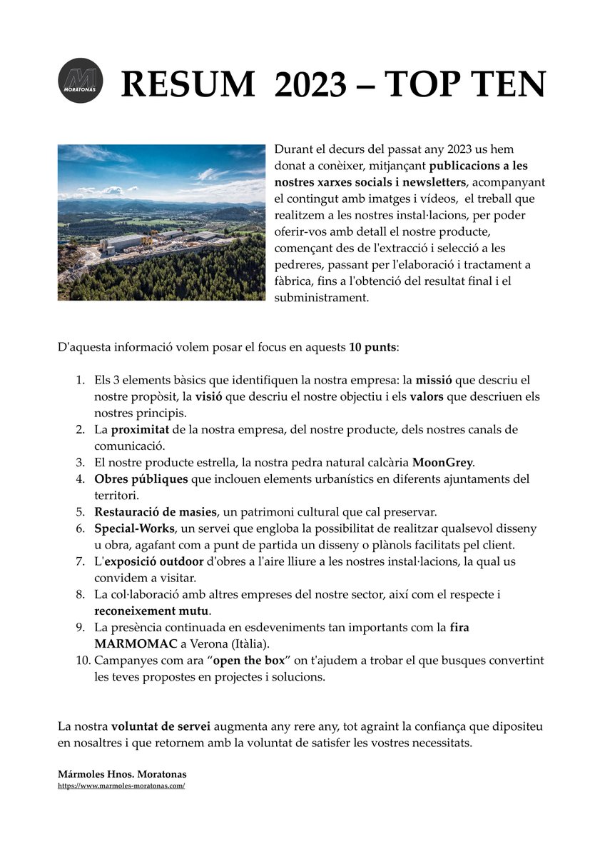 Marmoratonas's tweet photo. #topten
En el decurs de l'any us hem donat a conèixer, mitjançant publicacions a les nostres📌xarxes socials i📰newsletters, el treball que realitzem a les nostres instal·lacions, per oferir amb detall el nostre producte.
D'aquesta informació posem el focus en aquests🎯10 punts: https://t.co/9vJ0cPbnI8