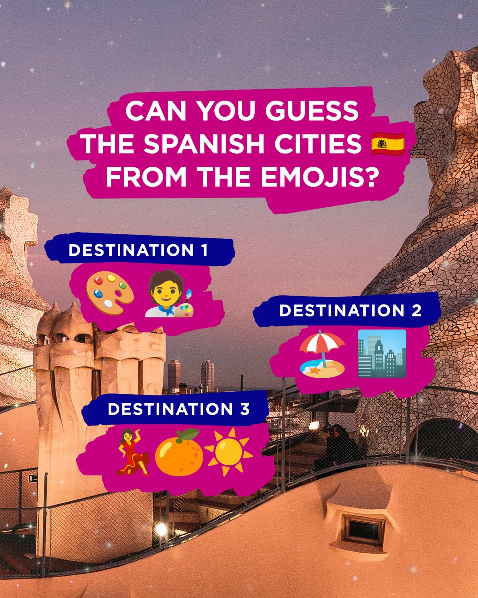 Hola Amigos! To WIZZ you through the mid-week hump, we've got a challenge for you... Can you guess the Spanish cities from the emojis? Destination 1 🎨🧑‍🎨 Destination 2 🏖️🏙️ Destination 3 💃🍊☀️