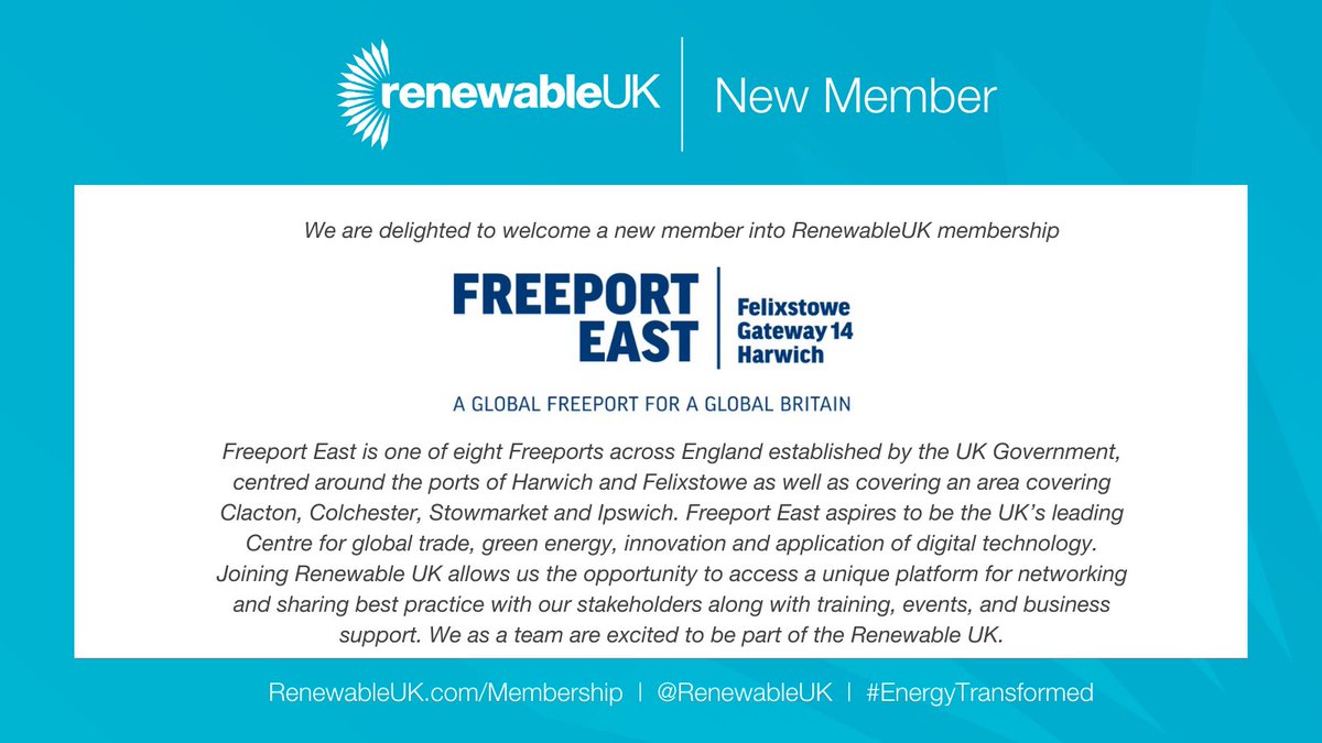RenewableUK's tweet photo. Pleased to welcome on board our newest RenewableUK member, @freeport east
To find out more, visit: https://t.co/VsvmRn0wqo
Interested in becoming a member of RenewableUK? Contact the team on membership@renewableuk.com
#renewableenergy #RUKMembers https://t.co/ebq0HEuaek