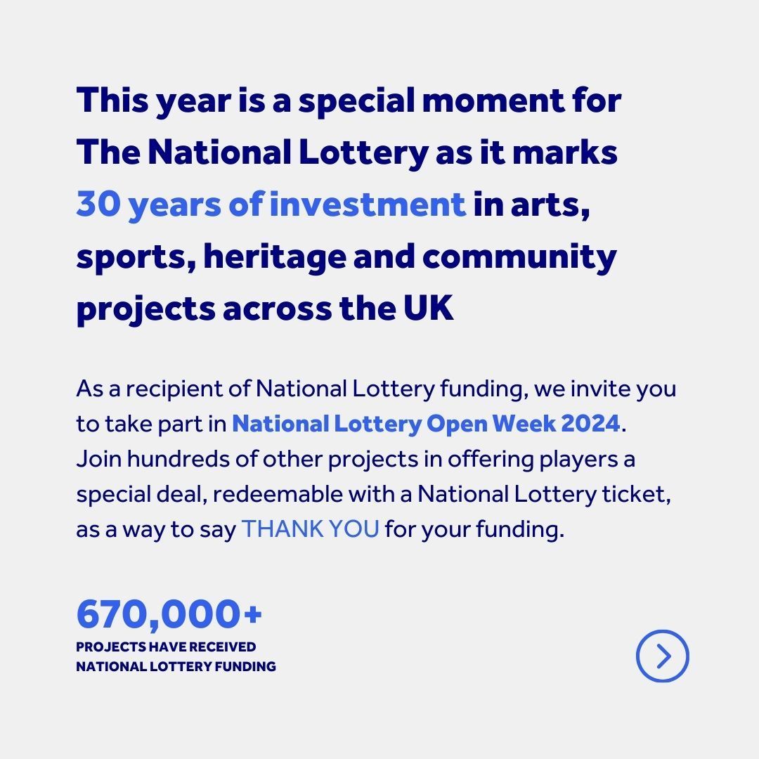 Get involved in National Lottery Open Week 2024!
 
If you're a National Lottery funded project, there’s still time to submit an offer!

Say #ThanksToYou to the players for their support whilst welcoming new visitors to your venue. 

Sign up now 👉 buff.ly/48yY9Js