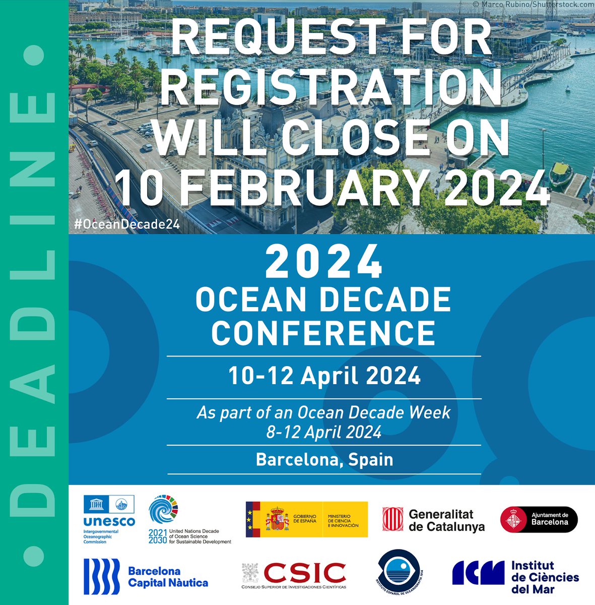 🔵 Calling the global ocean community! 🔵 The request for registration for the #OceanDecade24 Conference closes this Saturday, 10 February at 23.59h UTC. Places are limited so if you haven't done it yet, make sure to submit your request now: ow.ly/QheB50QnHk5