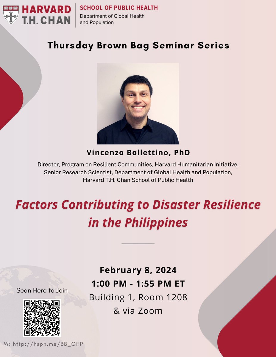 📣 Learning Opportunity Join the Harvard T.H. Chan School of Public Health’s Thursday Brown Bag Seminar Series featuring our Program Director, Dr. Vincenzo Bollettino, on February 8, 1:00–1:55pm ET.