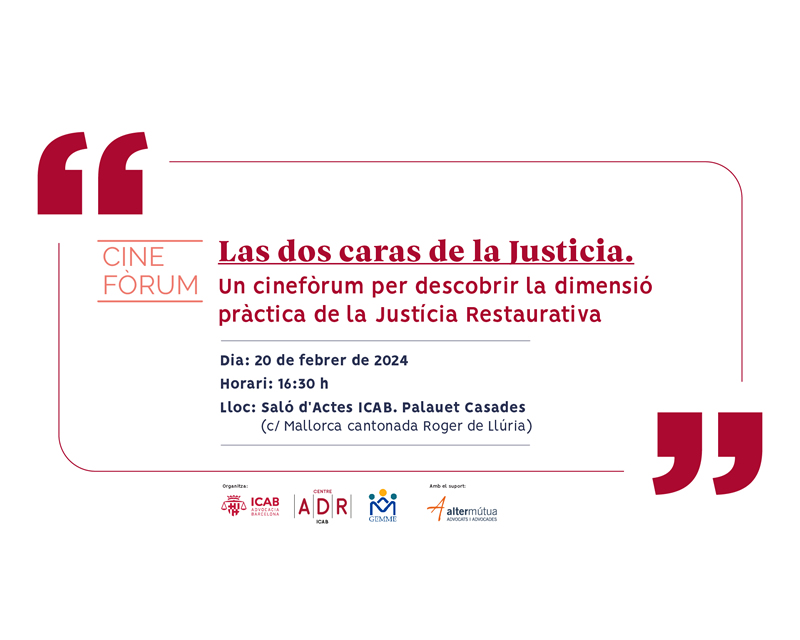 🎥 Las dos caras de la Justicia. Un cinefòrum per descobrir la dimensió pràctica de la Justícia Restaurativa.

🗓️ 20 de febrer de 2024, a les 16.30h.

Organitzat pel Centre ADR-ICAB i <a href="/GEMME_EUROPE/">GEMME</a>. 

🔗icab.es/ca/formacio/cu…
