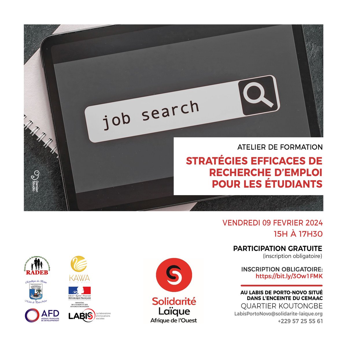 LABIS Porto Novo (@labisportonovo) on Twitter photo "🚀 Boostez votre avenir pro avec notre formation en Stratégie de Recherche d'Emploi pour Étudiants ! 🎓 Apprenez les compétences essentielles pour le marché du travail. 📅 09 Février 2024, 15h-17h30 📍 LABIS Porto-Novo. Inscrivez-vous ici : bit.ly/3Ow1FMK💼<a href="/LaiqueOuest/">Solidarité Laïque Afrique de l'Ouest</a> "🚀 Boostez votre avenir pro avec notre formation en Stratégie de Recherche d'Emploi pour Étudiants ! 🎓 Apprenez les compétences essentielles pour le marché du travail. 📅 09 Février 2024, 15h-17h30 📍 LABIS Porto-Novo. Inscrivez-vous ici : bit.ly/3Ow1FMK💼<a href="/LaiqueOuest/">Solidarité Laïque Afrique de l'Ouest</a>