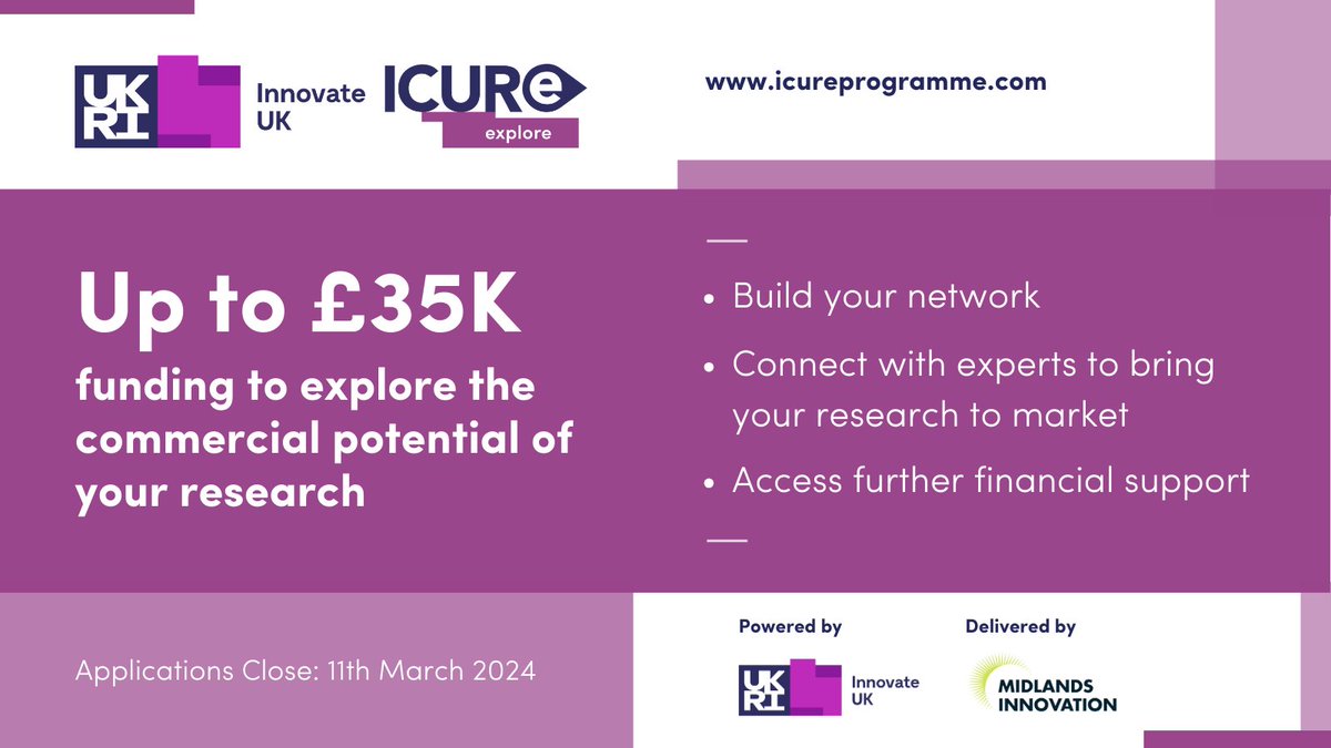 Applications are now open for our @innovateuk #ICURe Explore programme, starting April 24! A 12-week programme with funding of up to £35k to assist research teams understand the commercial potential of their research. Apply Today! icureprogramme.com/courses/icure-… #ICURe #innovation