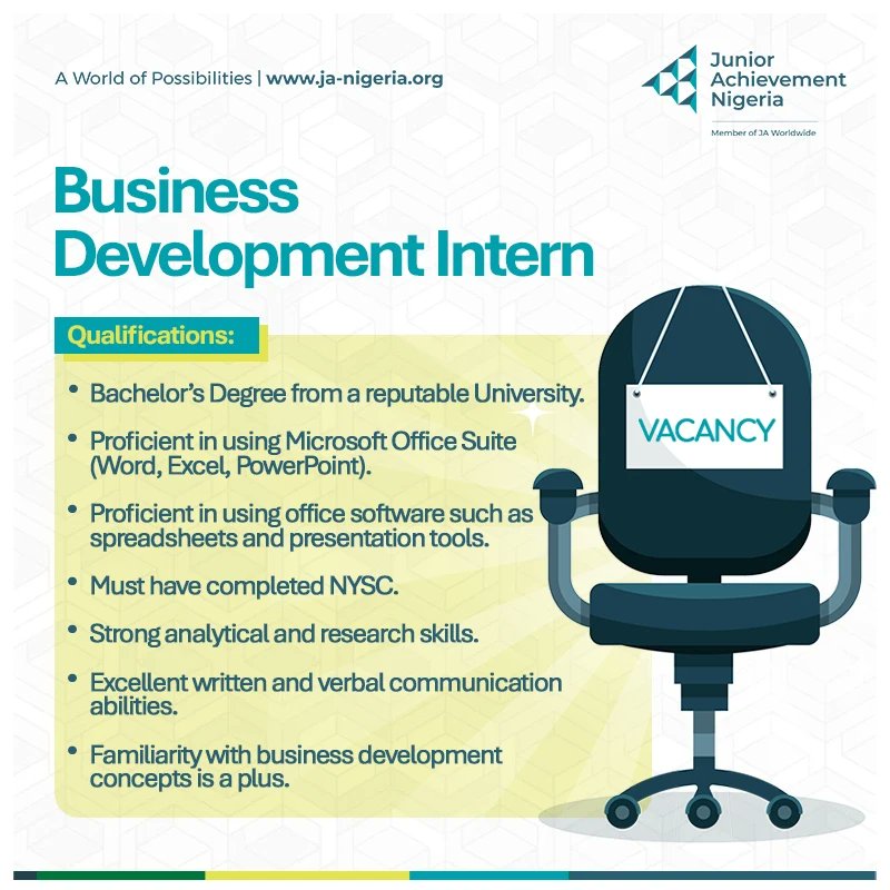 Junior Achievement Nigeria (@janigeria) on Twitter photo We're actively seeking dedicated individuals to join our team of changemakers. Send your CV to humanresources@ja-nigeria.org if any of these roles is a perfect match for you.
When submitting your application, kindly specify which internship position aligns with your interests. We're actively seeking dedicated individuals to join our team of changemakers. Send your CV to humanresources@ja-nigeria.org if any of these roles is a perfect match for you.
When submitting your application, kindly specify which internship position aligns with your interests.
