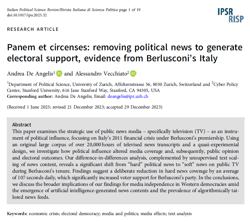 Ita_PolSc_Rev's tweet photo. New #OpenAccess
@AngelisAndrea @_avecchiato analyze strategic use of TVnews as instrument of political influence focusing on Italy's 2011 financial crisis.They find deliberate reduction in hard news coverage, increasing voter support for Berlusconi's party
https://t.co/0FleKCVxua https://t.co/sgb1033hNc