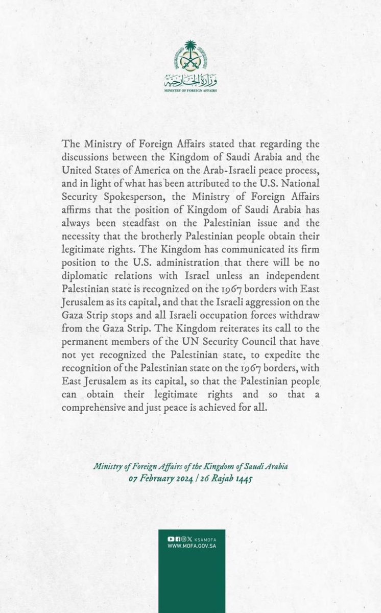 IslamMediaFR's tweet photo. 🇸🇦FLASH - L'Arabie Saoudite annonce qu'elle n'aura aucune relation diplomatique avec Israël tant que la Palestine n'aura pas son état sur les frontières de 1967 avec Jérusalem-Est comme capitale. https://t.co/6WnAIhmMlk