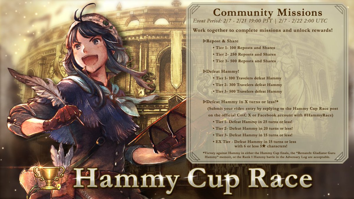 ⚔The Hammy Cup Race Begins!⚔

Take on the gladiator guru herself Hammy in the Hammy Cup Race!
✍Event Period: 2/7 10:00 UTC - 2/22 02:00 UTC

Be sure to fill out the Hammy Cup Race form:
forms.gle/8uXc2nf1EUJUnK…

#OCTOPATHCotC