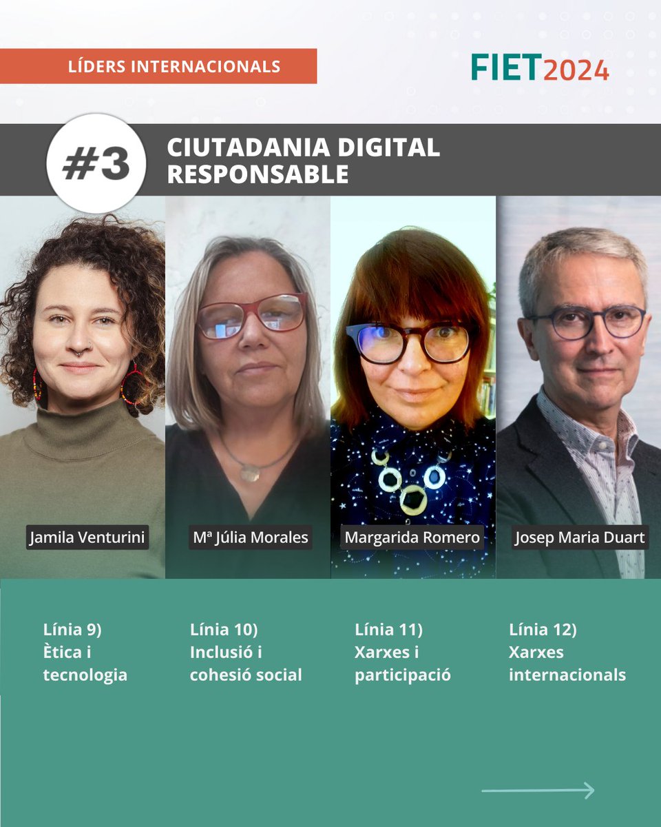 FIET Fòrum Internacional d'Educació i Tecnologia (@fietcat) on Twitter photo 3️⃣ CIUTADANIA DIGITAL RESPONSABLE
9. Ètica i tecnologia
Jamila Venturini <a href="/venturini_mila/">Jamila Venturini</a>-RedeLavits
10. Inclusió i cohesió social
Mª Júlia Morales-Udelar
11. Xarxes i participació
Margarida Romero-UCôteAzur
12. Xarxes internacionals
Josep Maria Duart-UOC-EDEN
#FIET24 #TD #ia 3️⃣ CIUTADANIA DIGITAL RESPONSABLE
9. Ètica i tecnologia
Jamila Venturini <a href="/venturini_mila/">Jamila Venturini</a>-RedeLavits
10. Inclusió i cohesió social
Mª Júlia Morales-Udelar
11. Xarxes i participació
Margarida Romero-UCôteAzur
12. Xarxes internacionals
Josep Maria Duart-UOC-EDEN
#FIET24 #TD #ia