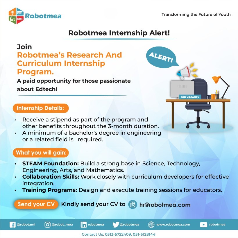 𝐑𝐨𝐛𝐨𝐭𝐦𝐞𝐚 𝐈𝐧𝐭𝐞𝐫𝐧𝐬𝐡𝐢𝐩 𝐀𝐥𝐞𝐫𝐭!

#RobotmeaInternship #EdTechOpportunity #InternshipAlert #STEMInternship #ResearchInternship #CurriculumDevelopment #PaidInternship #STEAMFoundation #CollaborationSkills #TrainingPrograms #CareerOpportunity #TechInternship