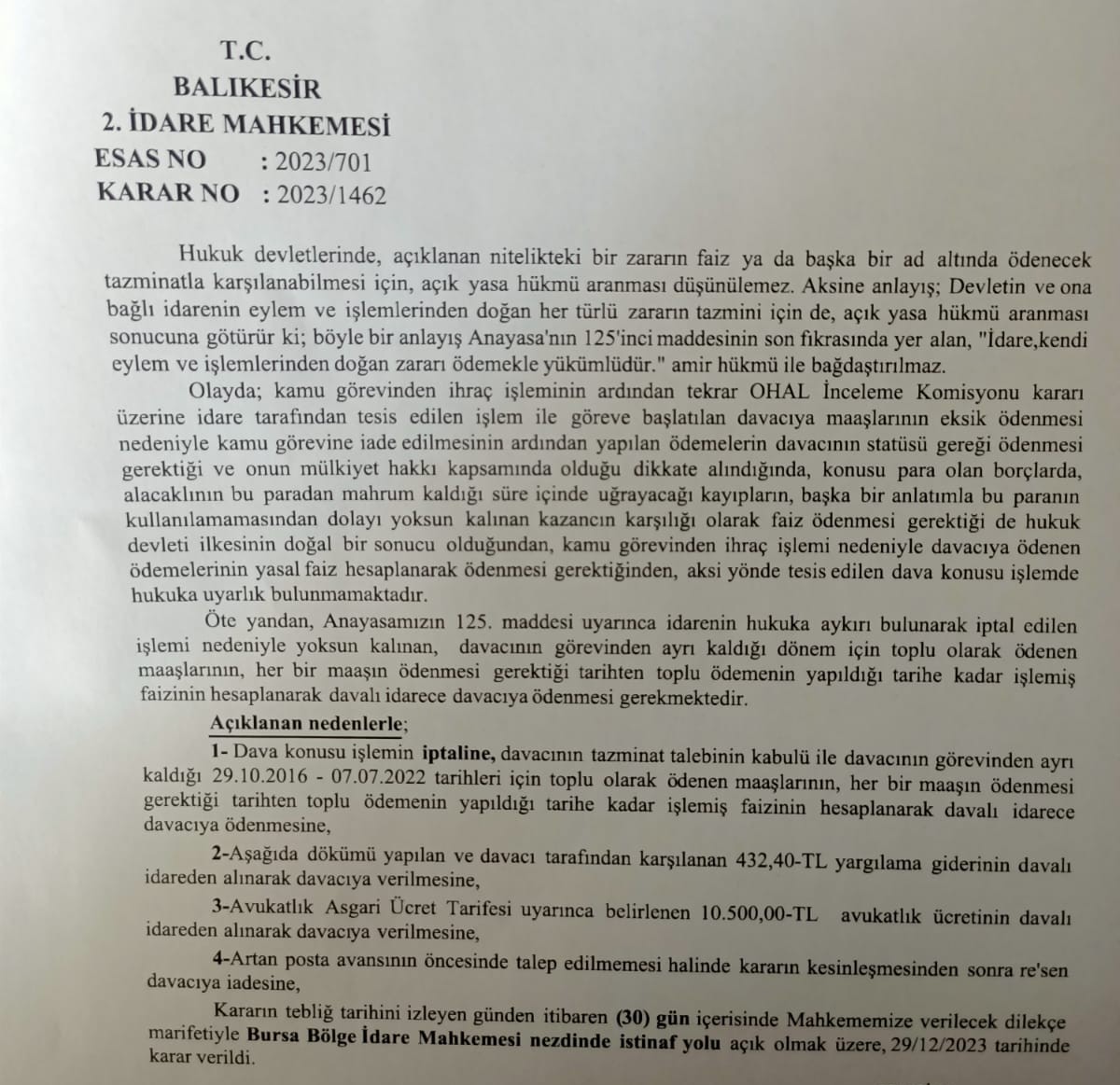 insan_hukuk's tweet photo. İdare Mahkemesi; Kamu görevinden çıkarılma sonrası göreve iade edilene geriye dönük maaşları her bir maaşın hakediş tarihinden toplu ödeme tarihine kadar işleyecek yasal faiziyle ödenmesi gerekir.

29.12.2023 tarihli. https://t.co/E4GZJdM4ha