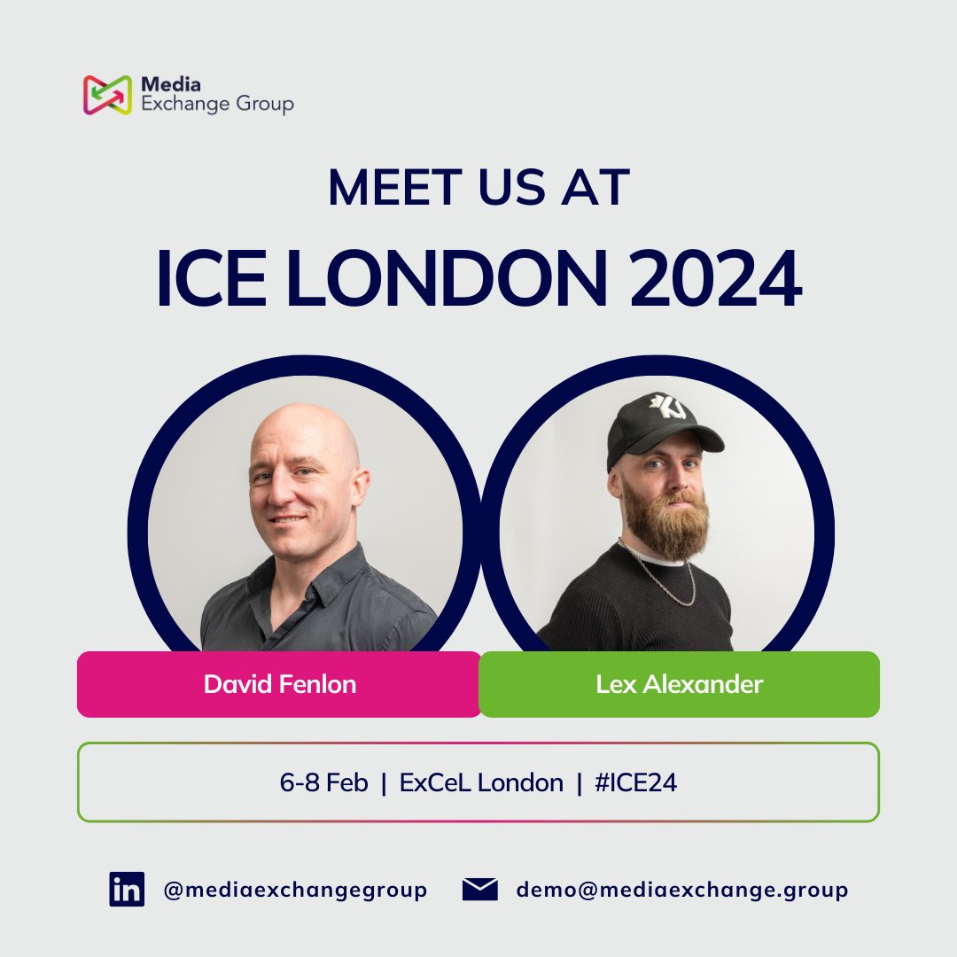 We're at ICE London this week! 🚀 Come and chat to us!

Interested to learn more about Media Exchange Group? Book a demo here 👉🏼tinyurl.com/46kx46yf

#ICE24 #ICE2024 #icelondon2024 #london #igamingindustry #mediaexchangegroup #adtech