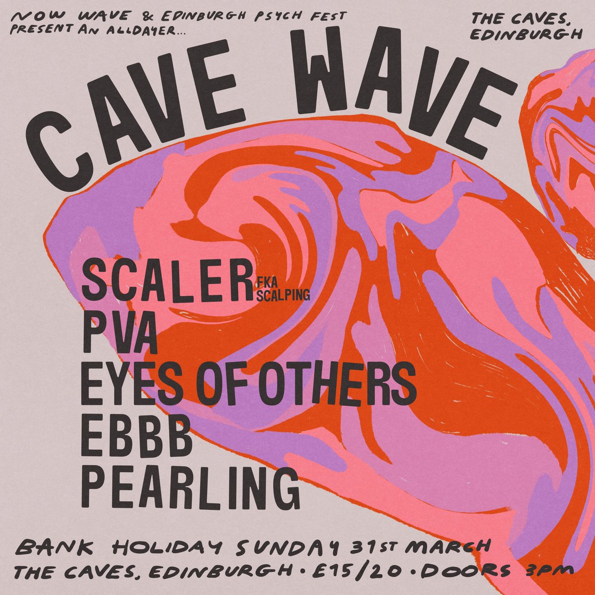 We're hosting an EPF24 warm-up party on bank holiday Sunday 31st March with SCALER, PVA, Eyes of Others, EBBB and Pearling. £15 early bird tickets on sale 10 am Friday. tinyurl.com/CAVEWAVE24
