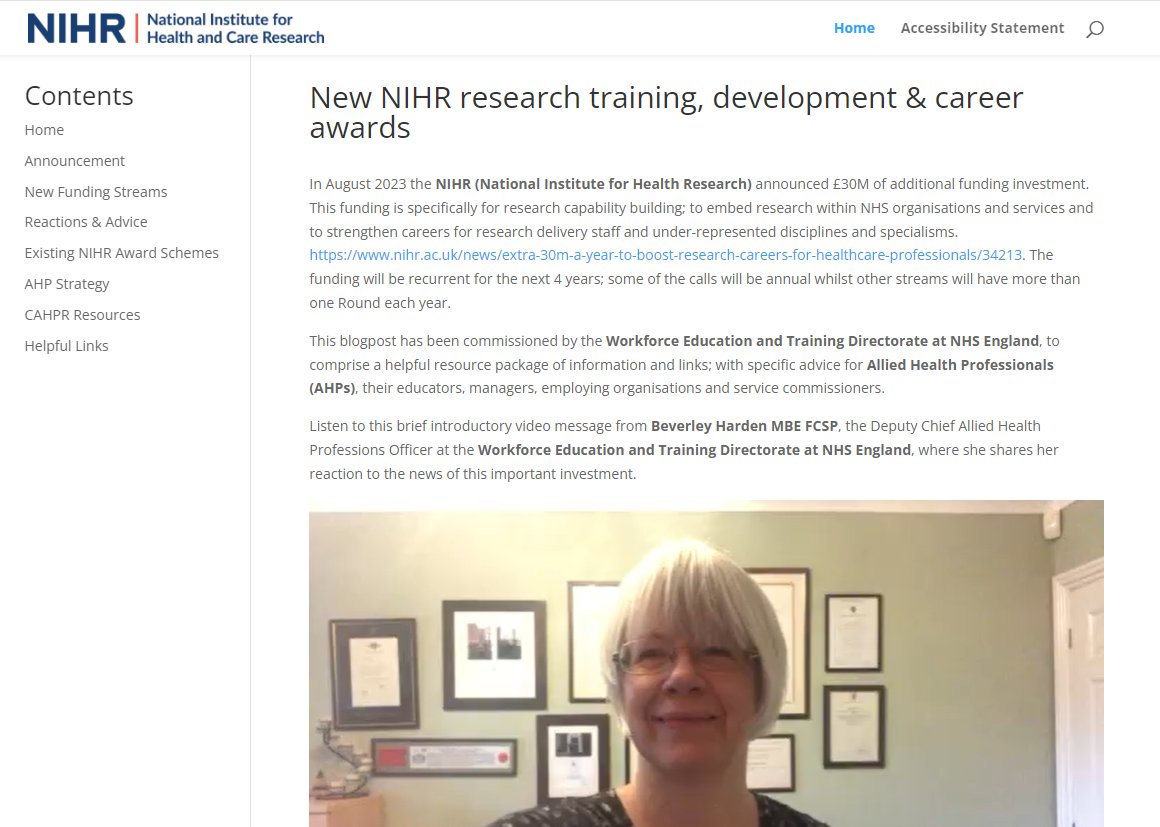 Hot off the press TODAY🌟This resource for all #AHPs about the latest news from @NIHRcommunity funding for #research #AHPResearch Packed with video messages for all audiences LINK HERE nihrawards.blogs.lincoln.ac.uk @OfficialCAHPR @WeAHPs @AHPFederation @BeverleyHarden @SuzanneRastrick