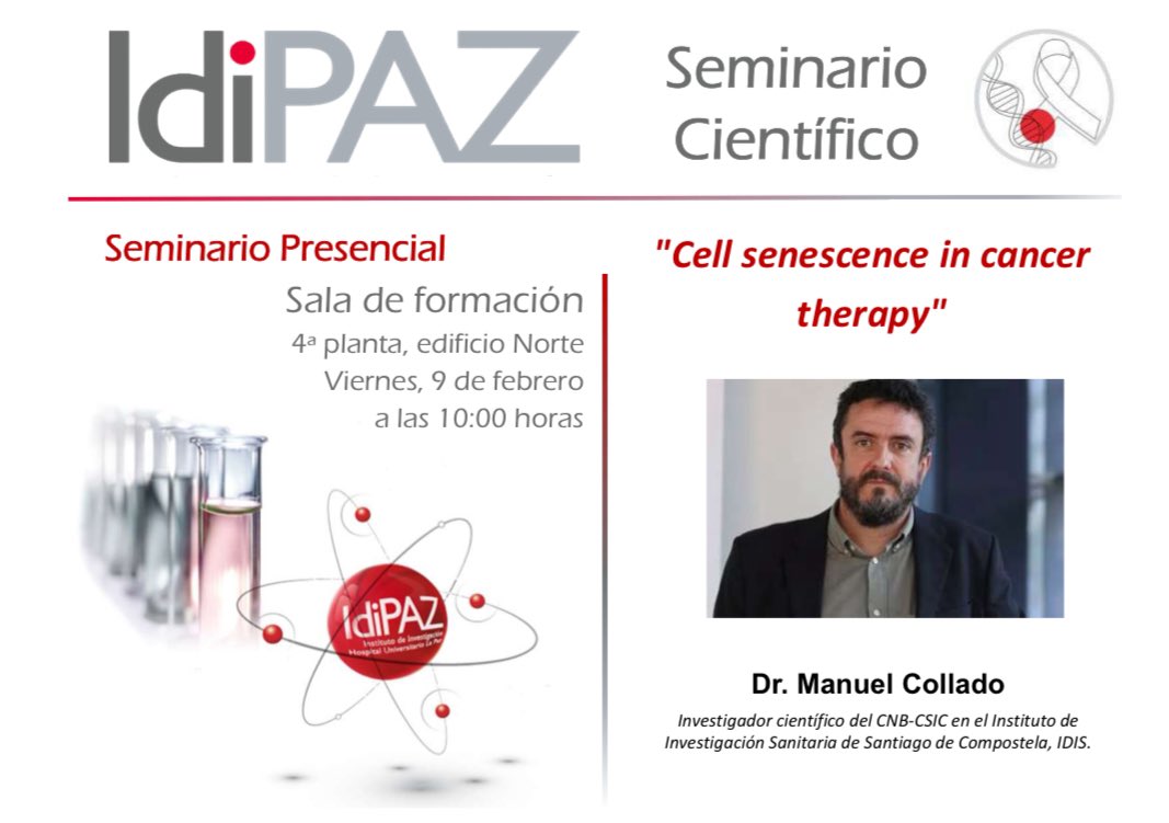 Este viernes tendremos al magnífico investigador @mcollado_CHUS en el seminario semanal del @IdiPAZScience. Esta vez presencial. Los detalles en el cartel.