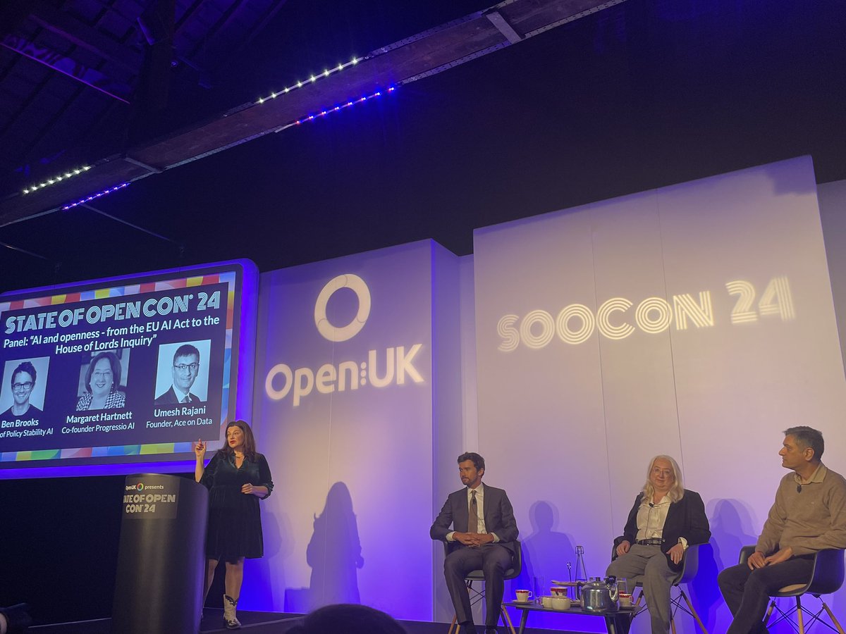 Panel on AI and Openness @openuk_uk #stateofopencon #soocon24. Umesh Rajani talks about a true open ai (not the company). @benbrooksdutton talks about US regulation and challenges for open source community-120 bills in congress! Margaret Harnett talks about EU AI Act on 2 Feb.