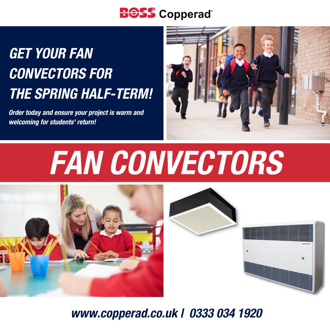 BOSSCopperad's tweet photo. Need speedy warmth for your school project?  Get your BOSS™ Copperad Fan Convectors with next-day delivery!

Over 30 styles, so comfy wins are guaranteed!

Contact us today:
Call 0333 034 1920 or email bosstechnicalteam@bssgroup.com

#HeatingProject #SpringHalfTerm https://t.co/JH54oAIIIn