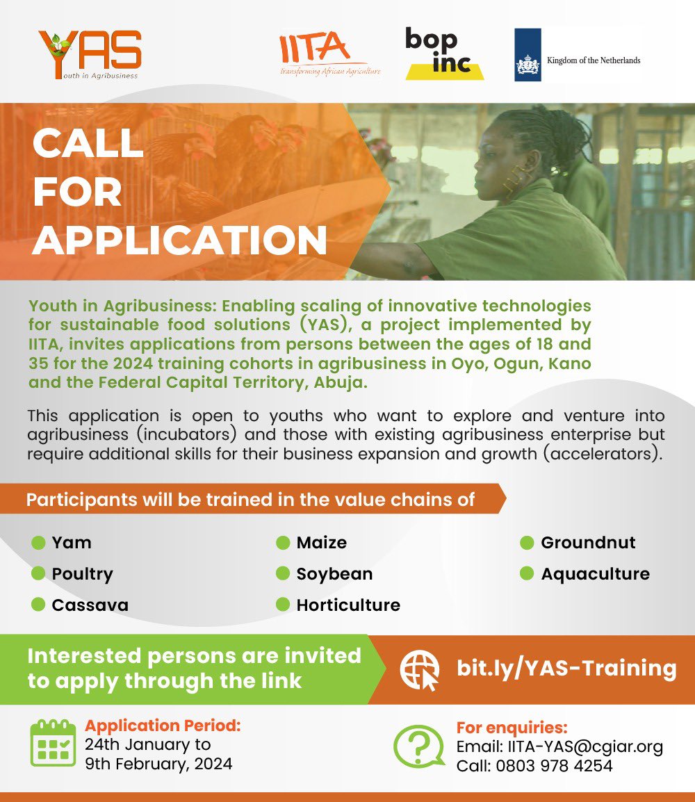 NLinNigeria's tweet photo. Are you a young established or prospective agropreneur? Looking to improve your skills?

Then register for the 2024 training cohort of our YAS project. Hurry! Applications closes in just two days

Register here: https://t.co/dd7UMqGRWd

#NLinNigeria #FoodSecurity #YouthatHeart https://t.co/DpQ3AJwrxr