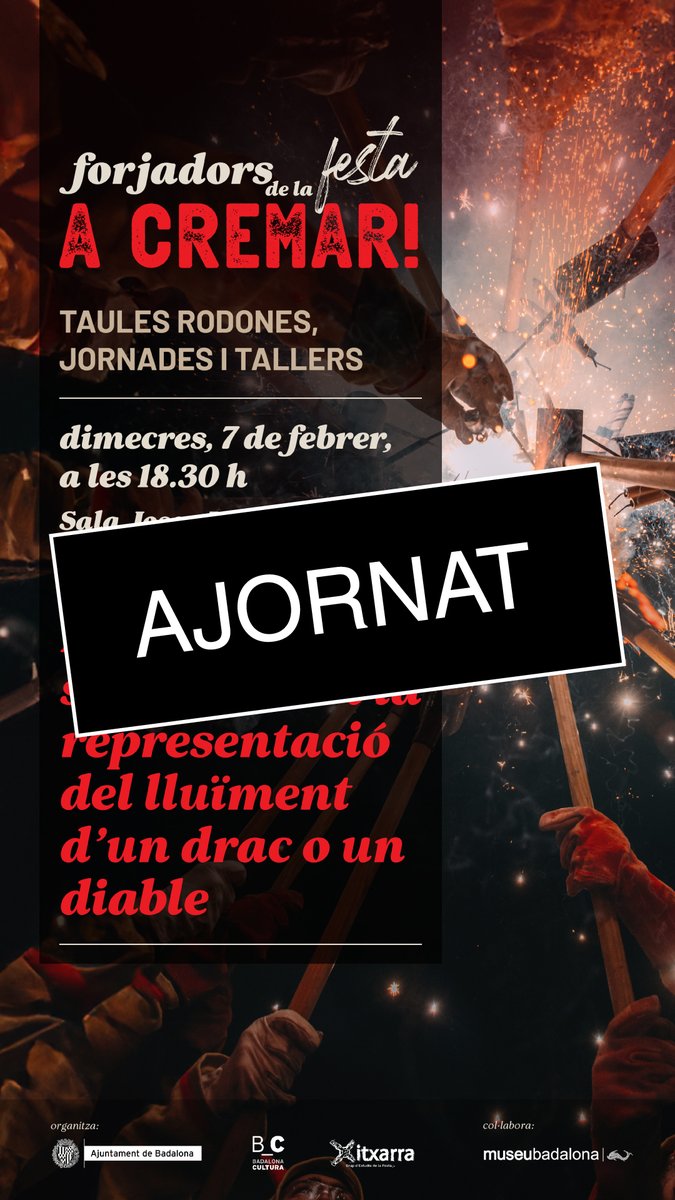 La taula rodona 'Els límits, el simbolisme i la representació del lluïment d'un drac o diable', que s'havia de celebrar avui, queda ajornada amb motiu del decret de dol anunciat per l'<a href="/AjBadalona/">Ajuntament de Badalona</a>. Aviat s'anunciarà la nova data a través dels canals de comunicació habituals.