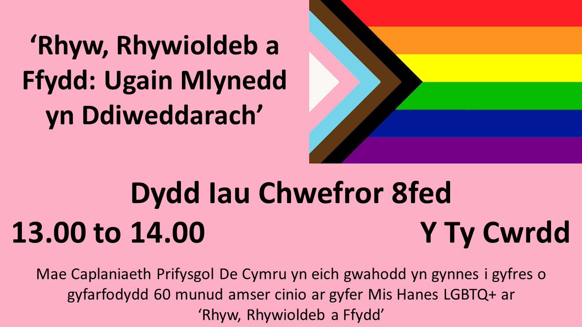 2 of 2 Bydd yr ail sesiwn, ar Chwefror 8fed, yn sgwrs ymhlith pobl o wahanol cefyddau am agwedd eu cymuned at faterion LGBTQ+ a sut mae’n ymgysylltu â nhw. Bydd cyfle i’r rhai sy’n mynychu ofyn cwestiynau i’r panel rhyng-ffydd.