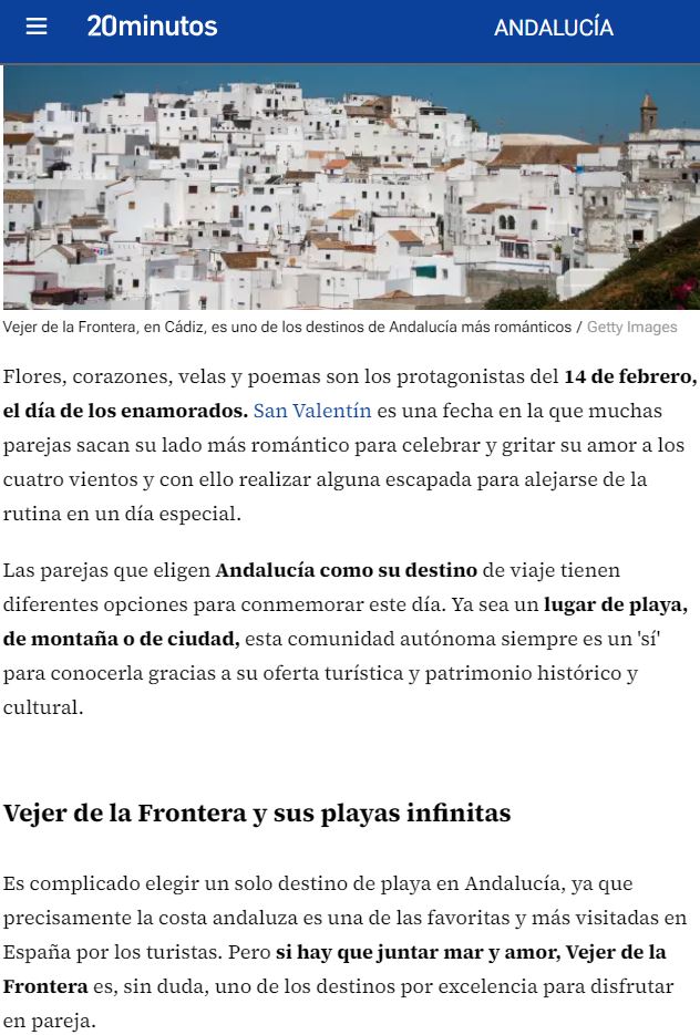 📷 📷 “VEJER DE LA FRONTERA, UNO DE LOS PUEBLOS MÁS ROMÁNTICOS DE ANDALUCÍA PARA CELEBRAR SAN VALENTÍN” 📷
El periódico <a href="/20m/">20minutos.es</a> dedica un bonito artículo a los pueblos andaluces "más románticos", en el que incluyen a Vejer. Una maravilla...
#vejerenamora