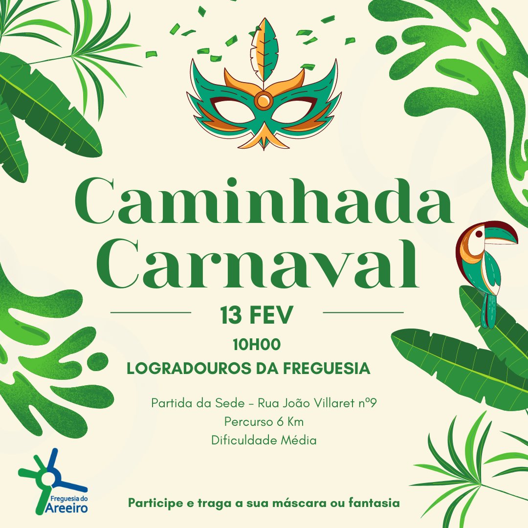 JAreeiro's tweet photo. CAMINHADA CARNAVAL

No próximo dia 13 de Fevereiro haverá a tradicional Caminhada de Carnaval pelos Logradouros da Freguesia do Areeiro.
Participe e traga a sua máscara ou fantasia! https://t.co/MZF9s3TD0V