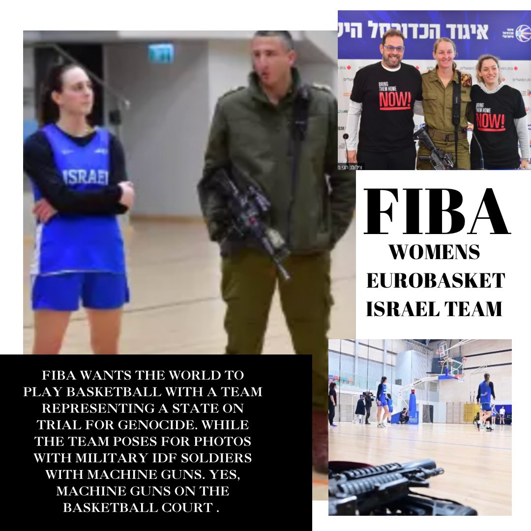 How is this appropriate <a href="/FIBA/">FIBA Basketball</a> <a href="/EuroBasketWomen/">FIBA Women's EuroBasket</a> ? Israel is a state on trial for genocide and their team is posing on court with IDF soldiers with machine guns ahead of their EUROBASKET qualifier? How is this being allowed. Russia banned? There are 13,000 dead Palestinian children