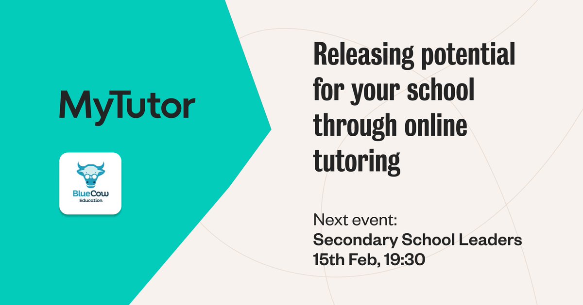 We're really looking forward to our next webinar with @BluecowE next week. Join us as our MyTutor expert, Natalie Hewison, talks about how to release potential through online tutoring 🙌

📍15th Feb at 19:30 

See you there!