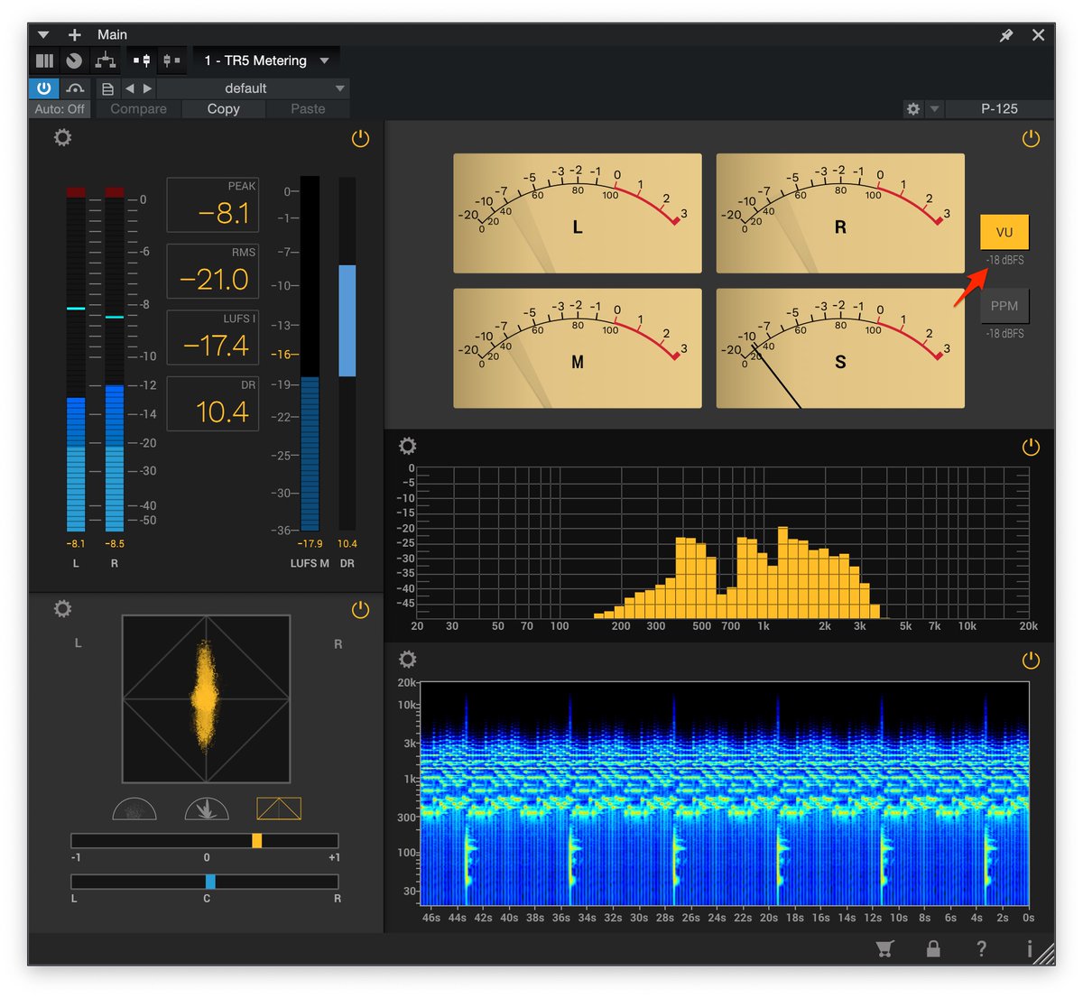 T-RackS 5 Meteringでは、VUメーター下にて「18」と半角英数字でタイプ T-RackS 5 Meteringでは、VUメーター下にて「18」と半角英数字でタイプ