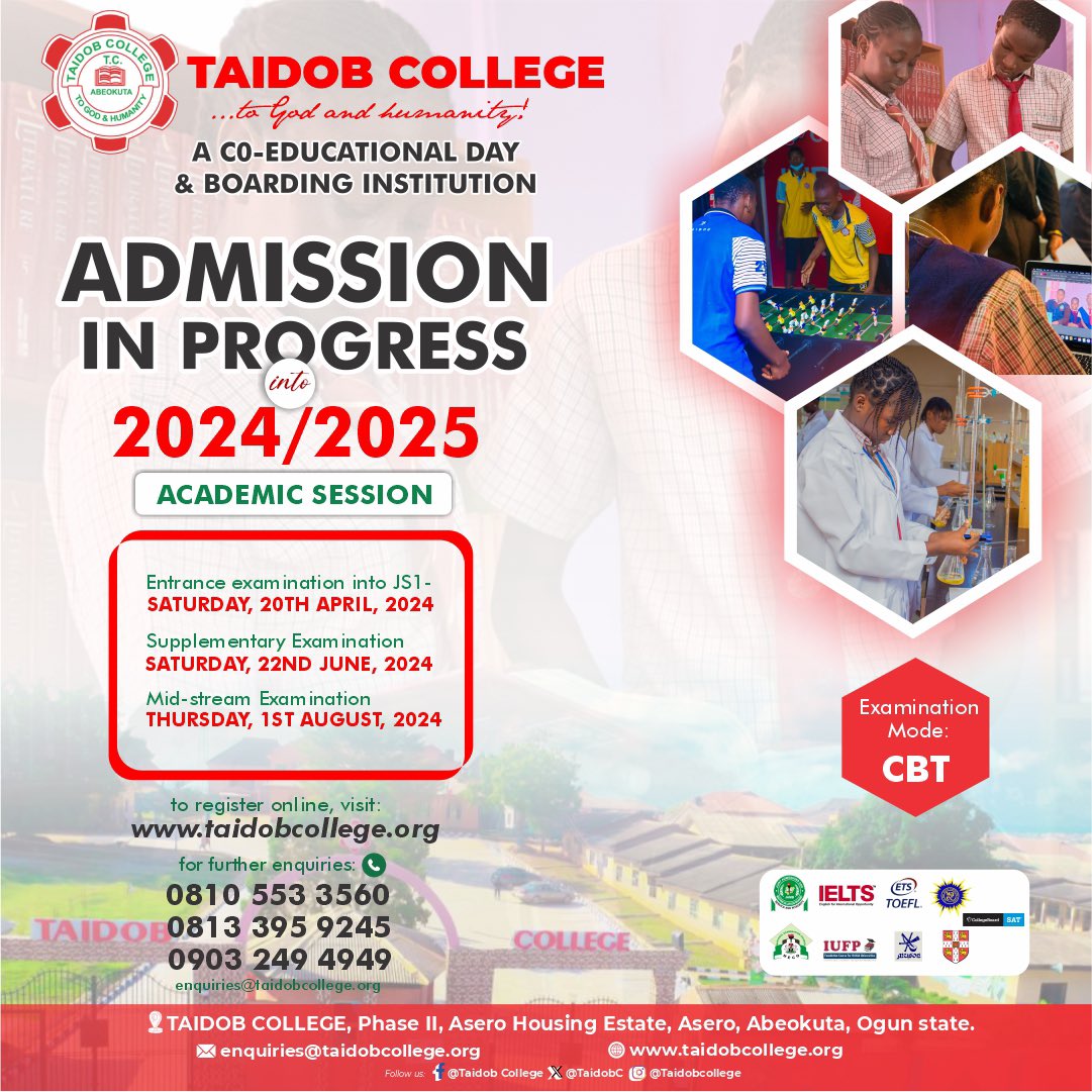 TAIDOB COLLEGE, an educational institution that is quite passionate and has been at the forefront of delivering qualitative education to all irrespective of gender, race and religion for over three decades now; hereby rolls out her Admission form into 2024/2025 Academic Session.